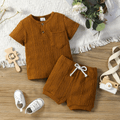 2pcs Baby Boy/Girl Solid Textured Short-sleeve Top and Shorts Set Brown image 1