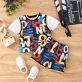 2pcs Baby Boy Faux-two Short-sleeve All Over Letter Print Top and Shorts Set Colorful image 1