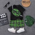 2pcs Baby Boy Fake Crossbody Bag Design Short-sleeve Tee and Plaid Shorts Set Green