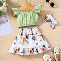 3pcs Baby Girl Flutter-sleeve Eyelet Crop Top and Allover Floral Print Shirred Ruffle Skirt with Headband Set Green image 2