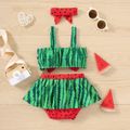 3pcs Baby Girl Watermelon Print Bow Front Cami Crop Top and Shorts with Headband Set Green