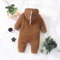 Baby Boy/Girl Dinosaur Print Lined Button Front Solid Textured Hooded Long-sleeve Jumpsuit Brown