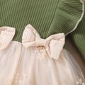 Baby Girl 95% Cotton Rib Knit Ruffle Trim Long-sleeve Spliced Floral Embroidered Mesh Dress Dark Green