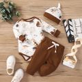 3pcs Baby Boy/Girl Allover Animal Print Long-sleeve Romper and Solid Waffle Pants with Hat Set Brown