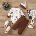 3pcs Baby Boy/Girl Allover Animal Print Long-sleeve Romper and Solid Waffle Pants with Hat Set Brown