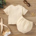 2pcs Baby Boy/Girl Button Front Solid Textured Short-sleeve Tee and Shorts Set LightKhaki