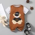 Baby Boy/Girl 95% Cotton Short-sleeve Faux-two Cartoon Bear & Letter Embroidered Romper Brown