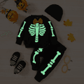 Halloween 3pcs Baby Boy 95% Cotton Long-sleeve Glow In the Dark Skeleton Print Sweatshirt and Sweatpants with Hat Set Black image 3
