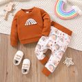 2pcs Baby Boy/Girl Waffle Long-sleeve Rainbow Graphic Pullover and Pants Set Brown image 1