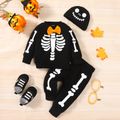 Halloween 3pcs Baby Boy 95% Cotton Long-sleeve Glow In the Dark Skeleton Print Sweatshirt and Sweatpants with Hat Set Black image 1
