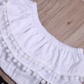 2-piece Fashionable Off Shoulder Pompon Flounced Top and Polka Dots Pants Set Black/White image 3