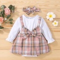 2pcs Baby Plaid Bowknot Splicing White Long-sleeve Romper Dress Set Color block image 1