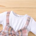 2pcs Baby Plaid Bowknot Splicing White Long-sleeve Romper Dress Set Color block image 3