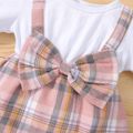 2pcs Baby Plaid Bowknot Splicing White Long-sleeve Romper Dress Set Color block image 5