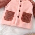 2-piece Baby Girl Embroidered Ear Design Colorblock Fuzzy Flannel Fleece Hooded Jacket and Solid Color Pants Set Pink