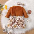 2pcs Baby Girl Fuzzy Fleece Long-sleeve Splicing Floral Print Faux-two Romper Dress Set Coffee