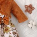 2pcs Baby Girl Fuzzy Fleece Long-sleeve Splicing Floral Print Faux-two Romper Dress Set Coffee