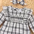 2pcs Baby Girl Plaid Ruffle Long-sleeve Romper Dress with Headband Set Beige