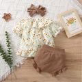 3pcs Baby Girl Floral Print Short-sleeve Ruffle Top and Bowknot Shorts with Headband Set Beige