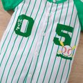 100% Cotton Baby Boy Baseball and Number Print Green Raglan-sleeve Striped Snap Jumpsuit Green/White