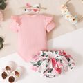 3pcs Baby Girl 95% Cotton Ribbed Ruffle Short-sleeve Letter Embroidery Romper and Floral Print Layered Shorts with Headband Set Pink image 2