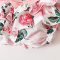 3pcs Baby Girl 95% Cotton Ribbed Ruffle Short-sleeve Letter Embroidery Romper and Floral Print Layered Shorts with Headband Set Pink image 2