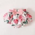 3pcs Baby Girl 95% Cotton Ribbed Ruffle Short-sleeve Letter Embroidery Romper and Floral Print Layered Shorts with Headband Set Pink image 4
