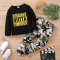 Baby 2pcs Letters Print Black Long-sleeve T-shirt and Camouflage Trouser Set Black