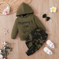 3pcs Baby Letter Print Long-sleeve Cotton Hoodie and Camouflage Trousers Set Army green