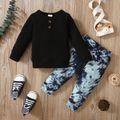 2pcs Baby Black Cotton Long-sleeve Waffle Pullover and Tie Dye Trousers Set Black
