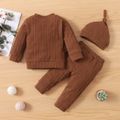 3-piece Baby Girl/Boy Solid Color Cable Knit Textured Sweater, Elasticized Pants and Knotted Cap Set Brown