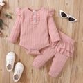 2pcs Baby Girl Solid Cable Knit Long-sleeve Romper and Layered Ruffle Trousers Set Pink image 1
