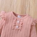 2pcs Baby Girl Solid Cable Knit Long-sleeve Romper and Layered Ruffle Trousers Set Pink image 2
