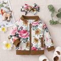 2-piece Baby Girl Floral Print Zipper Bomber Jacket and Headband Set Pale Yellow