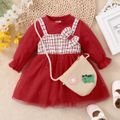 Baby Girl Tweed Faux-two Long-sleeve Glitter Sequined Mesh Dress Red image 2
