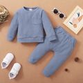 2-piece Toddler Boy/Girl Waffle Solid Color Pocket Design Long-sleeve Top and Pants Set Blue