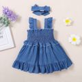 Blue Wind Baby Girl 2pcs 100% Cotton Denim Shirred Ruffle Decor Sleeveless Tank Dress with Headband Blue Set Blue
