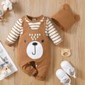 2pcs Baby Boy/Girl 95% Cotton Bear Print Spliced Striped Long-sleeve Jumpsuit with Hat Set Brown