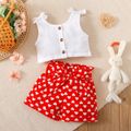 2pcs Baby Girl 100% Cotton Button Front Tank Top and Allover Love Heart Print Belted Shorts Set White