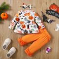 Halloween 3pcs Baby Girl 95% Cotton Layered Frill Trim Pants and Long-sleeve Allover Print Top with Headband Set Orange