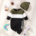 Baby Boy Letter Print Color Splice Long-sleeve Jumpsuit with Hat Set Color block