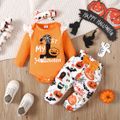 Halloween 3pcs Baby Girl 95% Cotton Long-sleeve Graphic Lace Detail Romper and Allover Print Pants with Headband Set Orange image 3