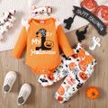 Halloween 3pcs Baby Girl 95% Cotton Long-sleeve Graphic Lace Detail Romper and Allover Print Pants with Headband Set Orange image 1