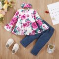 3pcs Baby Girl 95% Cotton Ripped Jeans and Allover Floral Print Top with Headband Set HS image 2