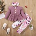 3pcs Baby Girl 95% Cotton Ribbed Ruffle Long-sleeve Top and Allover Floral Print Belted Pants with Headband Set Lavender image 3