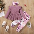 3pcs Baby Girl 95% Cotton Ribbed Ruffle Long-sleeve Top and Allover Floral Print Belted Pants with Headband Set Lavender image 2