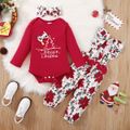 Christmas 3pcs Baby Girl 95% Cotton Long-sleeve Xmas Tree & Letter Graphic Red Romper and Pretty Floral Print Ruffle Bow Suspender Pants with Headband Set Red image 1