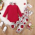 Christmas 3pcs Baby Girl 95% Cotton Long-sleeve Xmas Tree & Letter Graphic Red Romper and Pretty Floral Print Ruffle Bow Suspender Pants with Headband Set Red image 2