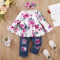 3pcs Baby Girl 95% Cotton Ripped Jeans and Allover Floral Print Top with Headband Set HS image 1