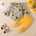 2pcs Baby Girl 95% Cotton Ripped Pants and Allover Sunflower Print Pinstriped Ruffle Trim Flare-sleeve Romper Set Yellow image 2